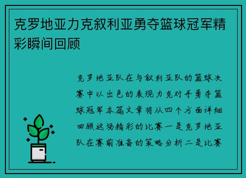 克罗地亚力克叙利亚勇夺篮球冠军精彩瞬间回顾