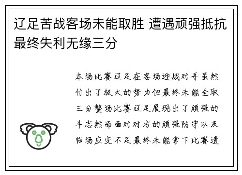 辽足苦战客场未能取胜 遭遇顽强抵抗最终失利无缘三分
