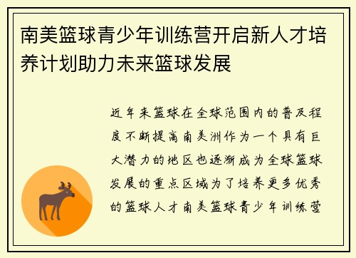 南美篮球青少年训练营开启新人才培养计划助力未来篮球发展